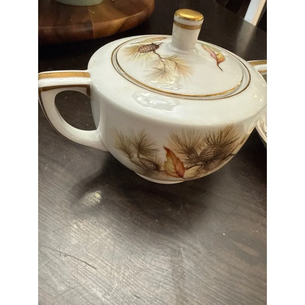 Vintage Porcelain Pinecone Sugar Bowl with Lid and Saucer Gold Trim Woodland Set